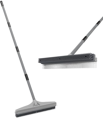 Walensee Carpet Rake for Pet Hair Removal, 2 in 1 Rug Rake to Fluff Carpet with Nylon Groomer Brush, Adjustable Long Handle for Shag Rugs, Stairs, Mats and Floors, Rubber Broom