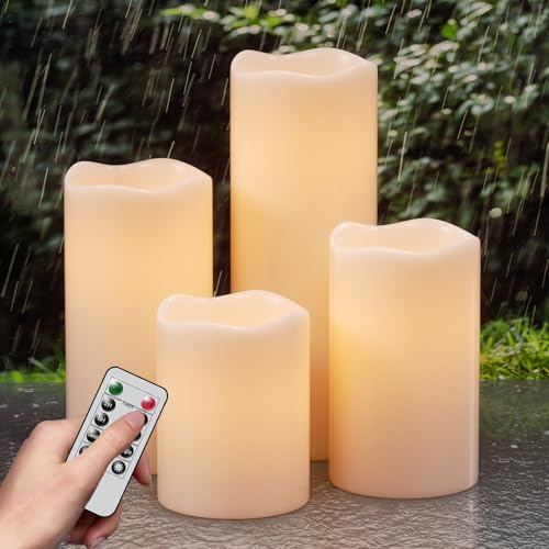 Eldnacele Outdoor Waterproof Flameless Candles with Remote Control, Battery Operated White LED Pillar Candles for Garden Wedding Party Lanterns Decoration(Set of 4, D3”x H4” 5” 6” 8”)