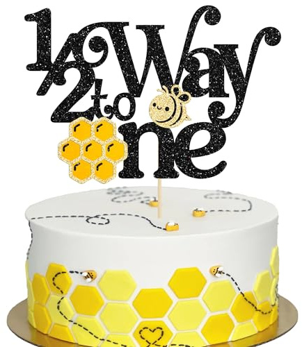 Ephlyn 1Pc Bee 1/2 Way to One Cake Topper Glitter Half Birthday Cake Decoration Half Way to Go Cake Topper for Boys Girls 6 Month Birthday Party Supplies Black