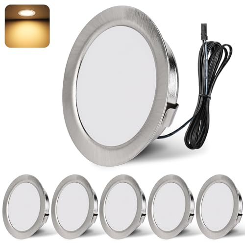 YindaLux Inbyggd spotlight LED 12 V 3 000 K varmvit LED-spotlight dimbar 3 W LED infällbara spotlights 55–58 mm hålstorlek infälld belysning för husbil, kök, garderob aluminium nickel 6 st