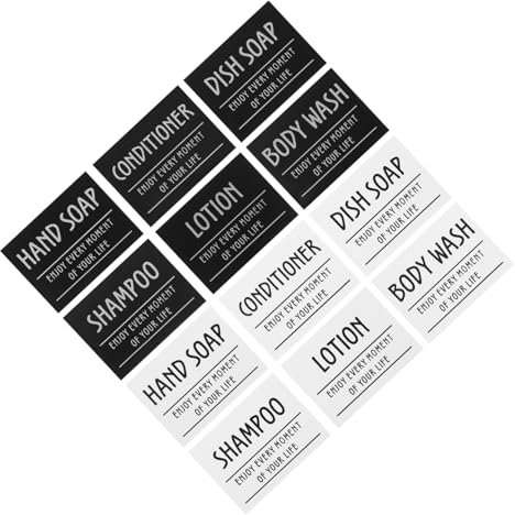 LALADEFIEE 12pcs Bathroom Labels Adhesive Sticker for Soap Shampoo Hand Soap Travel Containers Shower Gel