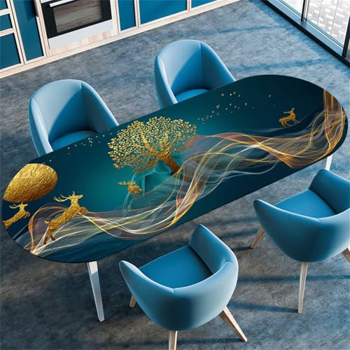 Highdi 3D Elastische Tischdecke Oval Abwaschbar, Spanntischdecke Oval Gartentischdecke Outdoor Oval Tischdecke mit Gummizug für Esszimmer, Küche (Goldene Nation 3,107x152cm(42x60))