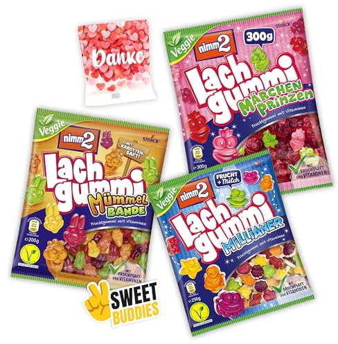 Mümmelbande 200g, Märchenprinzen 300g, Millianer 250g + Trolli Bären 10g + Sweet Buddies Sticker – Snacks Großpackung mit Vitaminen & Fruchtsaft, ideal für Naschboxen & Süßigkeiten Mix