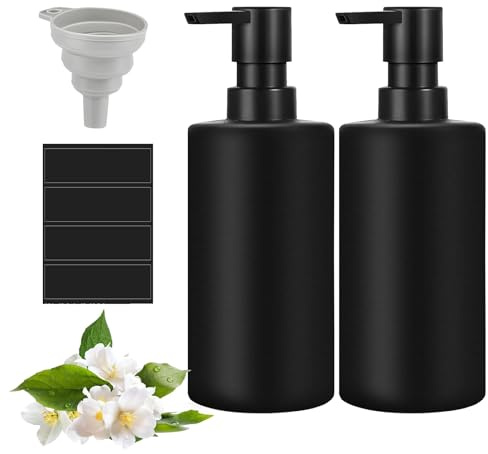 Moderne Seifenspender Glas Schwarz, 2 Stück 350ml Spülmittelspender Küche mit 1 Kunststoffpumpe, 1 Etikett, Rund Nachfüllbarer Pumpflasche aus Glas für Badezimmer, Bad, Dusche, Küche, Waschküche