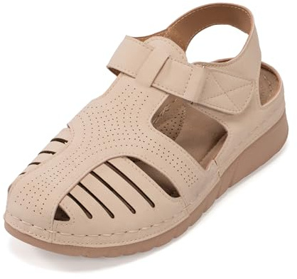 JOMIX Sandali Ortopedici Donna Estivi Punta Chiusa Scarpe Signora a Strappo Comode Traspiranti e Plantare Morbido da Anziane WOX250652 Beige 39