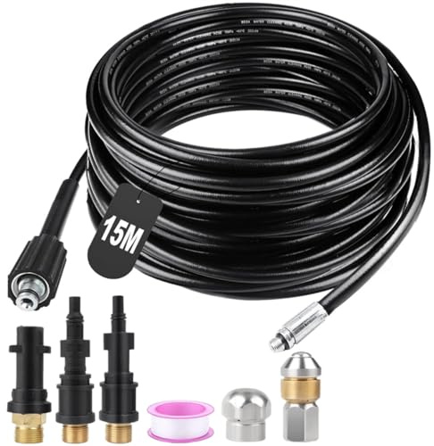 Tubo per la pulizia dei tubi, 15 m, set di pulizia dei tubi, compatibile con Karcher K2 K7, Lavor, Bosch, Parkside idropulitrici ad alta pressione, set di pulizia per tubi e scarichi intasati