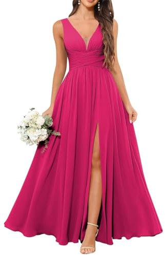 WSEYU Vestidos largos de gasa plisados, vestidos de dama de honor para boda, vestidos de novia casuales, talla grande, fucsia, 60 Grande