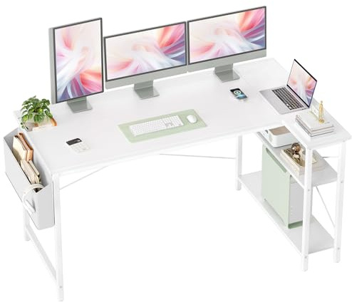BEXEVUE L Shaped Corner Desk - 140x70 cm Study Office Gaming Desk, Computer Desk Small Writing Table, Large Reversible Storage Shelves, Bookshelf Workstation for Study Play Work Home Office, White