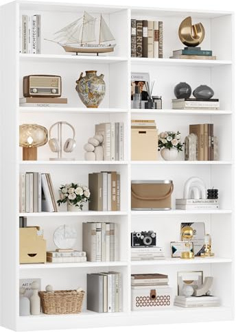 FirFurd Bookcase White Bookshelf 188.7cm 6 Tier Living Room Bookcases Free Standing with 12 Open Compartments Display Shelf Tall Shelving Unit for Home, Office 120x30x188.7cm