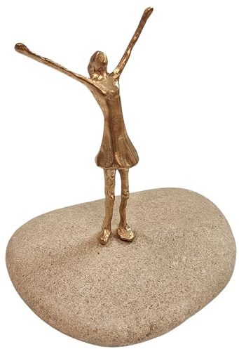 Herzmensch kleine Figur der Lebensfreude aus massiver Bronze filigran - Frauen Skulptur mit offenen Armen auf einem Natursteinca. 13,5 cm