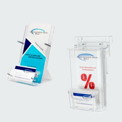 DIN LANG Prospekthalter mit Prospektbox und Visitenkartenständer,Prospektständer,Aufsteller und Flyerhalter Wand mit Deckel,Werbung,Außenwerbung