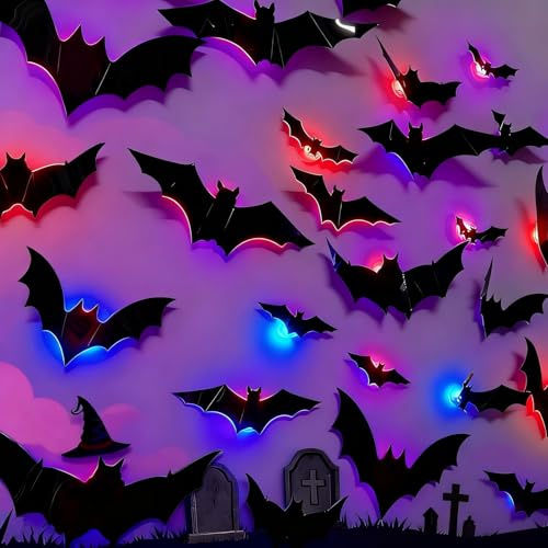 ALEGRE® Halloween Deko, 24 Stk 3D Fledermaus Deko Led Lichter Halloween Sticker, Leuchtende Fledermaus Wandaufkleber mit 10 Verschiedenen Größen, Helloween Led Fledermäuse Deko für Fenster, Tür, Wand