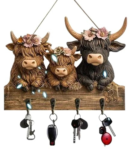 Highland Cattle Ornaments Key Holder for Wall Mount 2D Bullhead Animal Wooden Towel Key Hooks Coat Hanger with 4 Hooks Cow Wall Decorative Rack for Entryway Hallway Farmhouse