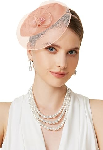 BABEYOND Fascinator Hut für Damen, Elegante Kopfbedeckung mit Mesh-Blumen Stirnband und Haarclip für Hochzeiten Damen Race Day, Cocktail Party Pfirsich