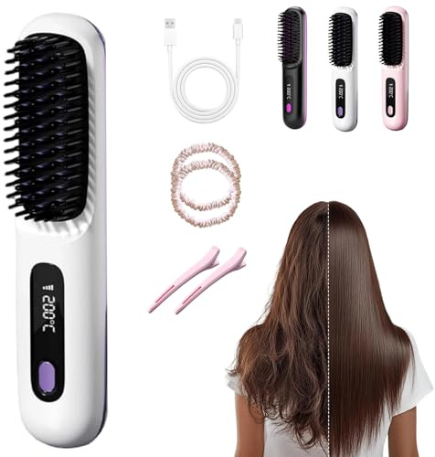 Giovencia Brosse Lissante Portable, Brosse Lissante sans Fil, Mini 2 en 1 Naelyah Brosse Chauffante avec Écran LED USB Rechargeable,160-200℃ - 3 Températures, Tous Cheveux (Blanc)