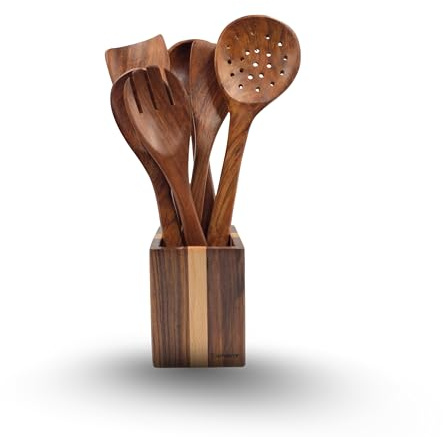 Woodmede Wooden Utensils Set - 6 Pcs Teak Wood Cooking Spoon Kitchen Utensils Set for Nonstick Pans & Cookware. Includes Cooking Spatula. Scratch & Heat Resistant, with & Without Holder (6)