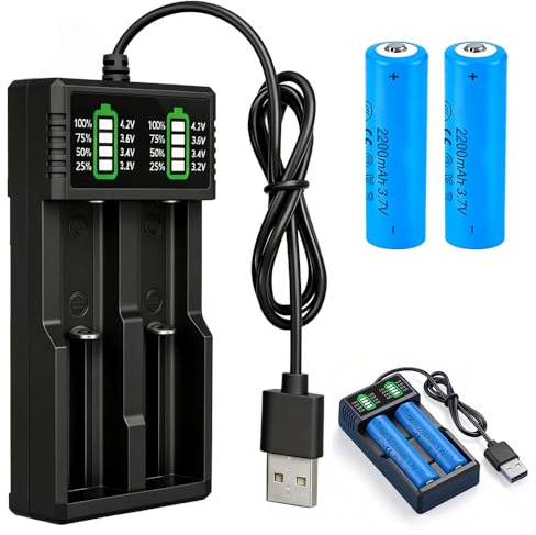 Battery Charger Set with 2 Pack 2200mAh 3.7V Pointed Batteries, Afenau Rechargeable Battery and Charger, 2-Bay Rechargeable Battery Charger with LED Indicator for 18650 21700 26650 26700