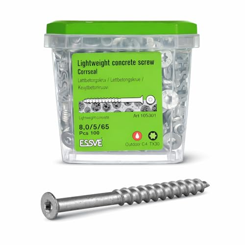 ESSVE betongskruvar 8,0 x 90 mm C4 (CorrSeal) – för lättbetong och gasbetong (Ytong, Siporex, Leca) – TX30 – härdat stål – utan förborrning – ESSBOX + system