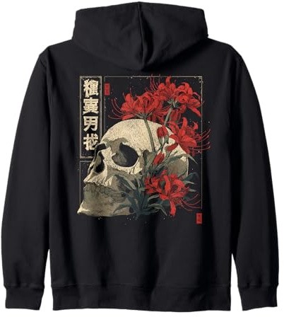 Otaku Anime Japonais Squelette Fleur lys araignée Rouge Sweat à Capuche