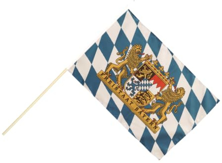 Flaggenfritze Deutschland Flagge Bayern Freistaat 60x90 cm mit Holzstab, Bayernfahne Stockflagge wetterbeständig, Polyester, doppelt genäht, Fanartikel und Dekoration