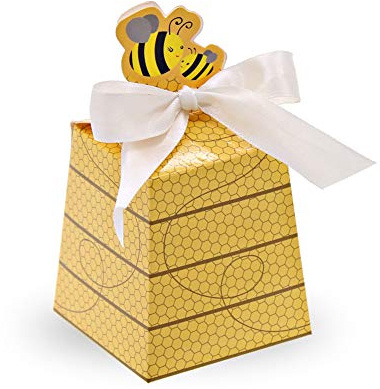 SumDirect Paper Beehive Gift Boxes - Bumble Bee Candy Boxes with Ribbons, 50PCS Baby Shower Wedding Favor Beehive Decorations