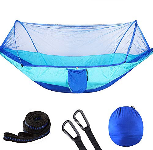 DAIHAN Outdoor Hängematten mit Moskitonetz,Tragbare Camping Hängematte Fallschirm Hängematte mit Baumgurte und Solide Karabiner Doppelblau S