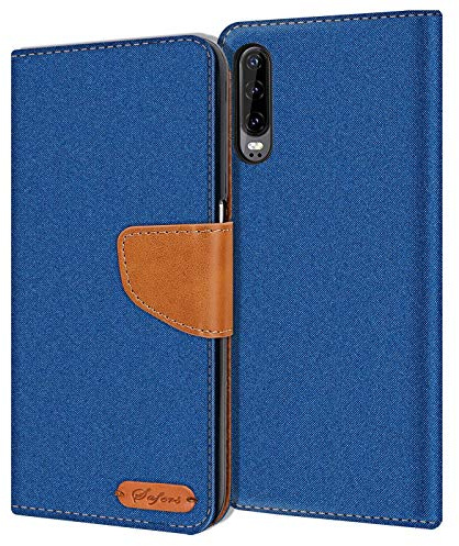 Verco Coque pour P30, Étui Portefeuille Compatible avec Huawei P30 Case Textures de Fibre Housse de Protection, Bleu