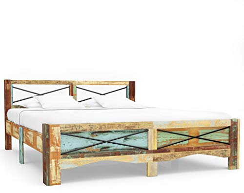Festnight Holzbett 180 x 200 cm | Massivholz Bettgestell mit Kopfteil | Holz Futonbett Vintage Doppelbett Schlafzimmer | Recyceltes Massivholz 180 x 200 cm