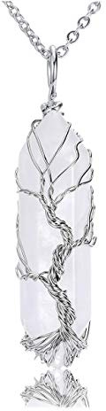 JOVIVI Tree of Life Clear Quartz Crystal Pendant Necklace Silver Wire Wrapped Gemstone Healing Point Chakra Quartz Necklace for Women Men