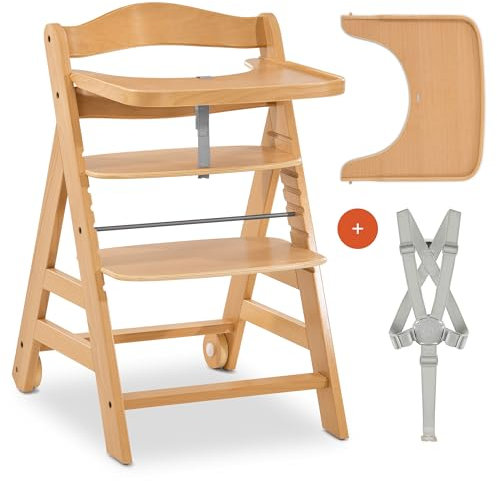 hauck Hochstuhl Alpha Move für Kinder ab 6 Monaten - inkl. Essbrett, 5-Punkt-Gurt und Schrittgurt - Kinderhochstuhl mit Rollen aus FSC® zertifiziertem Buchenholz - mitwachsend & verstellbar