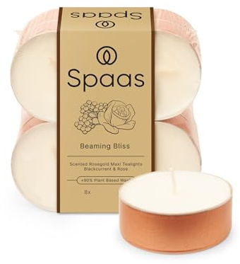 Spaas Maxi-Duft-Teelichter in rotgoldener Tasse, flach verpackt, 8 Stück, 10 Stunden, Beaming Bliss