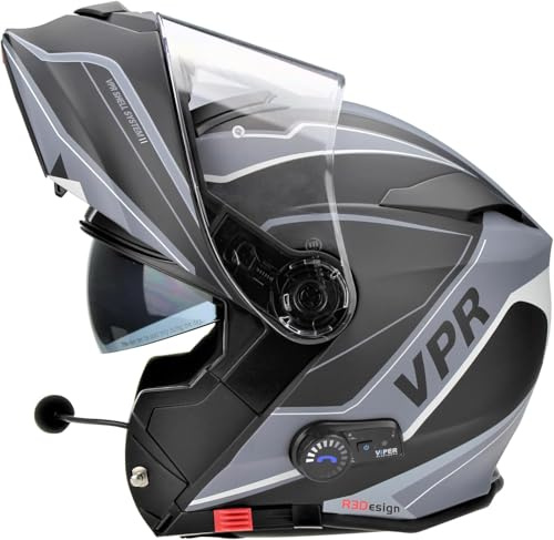ViPER RSV171 Bluetooth Flip up Motorcycle Motorbike Bike Crash Helmets With Drop-Down Sun Visor Helmet ECE 22.06 Approved Unisex Adult Racing Touring Cruising Bike Wear (Zone Matt Grey,L)