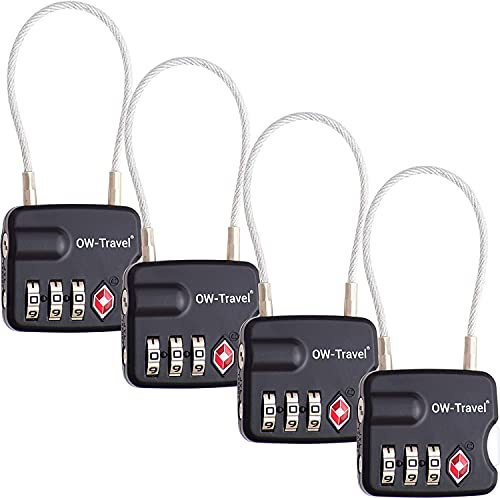 OW-Travel TSA-godkänd Kabellås (Svart 4-pack) 3-siffrig kod TSA Lås Godkänd Säkerhet Ryggsäck Hänglås Resväska, Lås, Kombinationslås med Kabel resväska lås, Gymskåp, Hänglås
