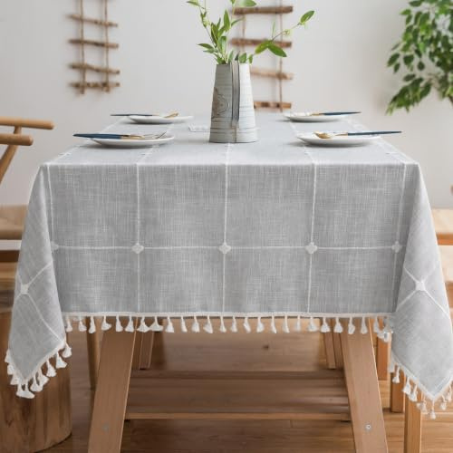 Pahajim Tischdecke Abwaschbar Baumwolle Leinen Tischdecken Klein mit Quasten Tischtuch Vintage Einfache Kariert für Home Küche Speisetisch Dekoration(Grau Gitter, 110 x 110 cm)