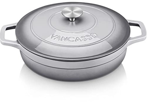 vancasso Cast Iron Casserole Pot 3L, Grey Shallow Casserole Dish with Lids and Double Loop Handle, Naturally Non-Stick Enamelled Cast Iron Dutch Oven, for All Stovetops Compatible - 28cm