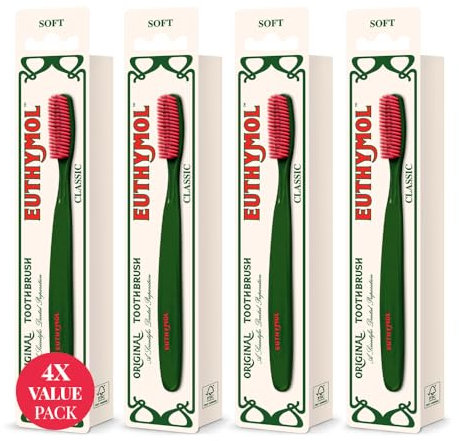 Euthymol Classic Toothbrush x 4, Large Full Head, Soft Bristle, Triple Curve Ergonomic Manual Toothbrushes, Efficient Cleaning, Sensitive Gums Teeth, Daily Oral Enamel Dental Care