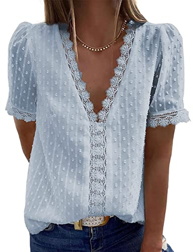 RITOSTA Camicia Donna Pizzo Elegante Scollo a V Blusa Magliette Maniche Corte a Sbuffo Camicetta Trasparenti Bluse T-Shirt Tops Estive(Blu,M)