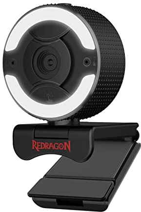 Redragon GW910 Webcam PC 1080P con doppio microfono, luce anulare regolabile, 360 Rotazione e copertura per la privacy, Webcam per computer 2.0 USB, 30 FPS per corsi online, videoconferenze, streaming