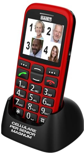 SAIET - Cellulare per Senior Facile da Usare MAGNUM DUE - Telefono per Anziani Intuitivo con Tasti e Caratteri Grandi - Rosso