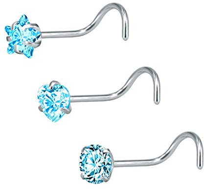Lieson 3 Stück Nasenring Piercing Edelstahl 16G Nasenpiercing Nasenstecker Gebogen Ohrstecker Herz Stern Zirkonia Piercing Septum Knorpel Tragus Helix Ohrringe Silber Blau