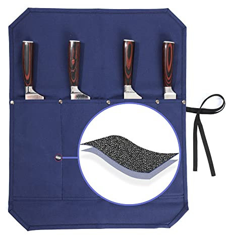 Chef Knife Roll, Heavy Duty 16OZ Waxed Canvas Knife Roll, 4 Slots Knife Bag with Professional Cut Resistant Fabric, Blue (21.5L x 17.5W)