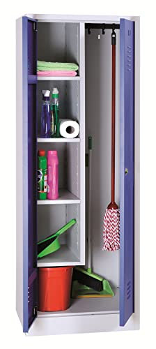Schrank & Stuhl Mehrzweckschrank | Besenschrank mit verkürzter Trennwand, Hakenleiste und 5 Fächern 180x80x50, Drehriegelverschluss, komplett montiert, Grau/Blau