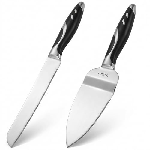 LUSHIG Cake Knife and Server Set, Cake Cutter and Pie Spatula, Cake Server and Knife Set of 2 with Non-Slip stainless steel, Cake Cutting Set for Wedding Cake, Birthdays, Anniversaries, and Parties