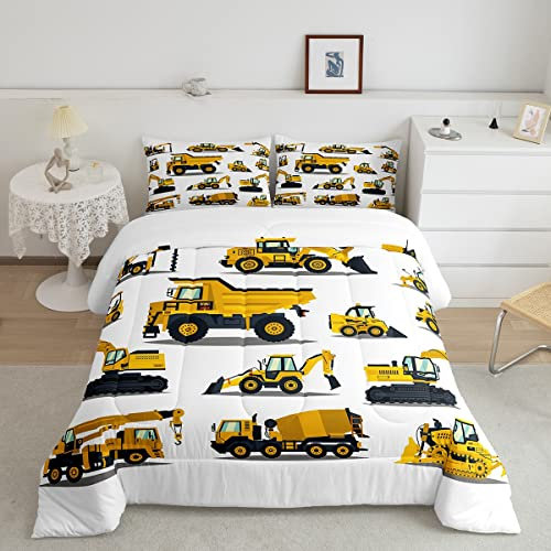 Erosebridal Bagger Kinder Bettwäsche für Jungen Mädchen Cartoon Truck Tröster Set LKW Bagger Bettbezug Set Gelb Fahrzeugausrüstung LKW Druck Quilts Bettwäsche Queen Size 3 Stück mit 2 Kissenbezügen