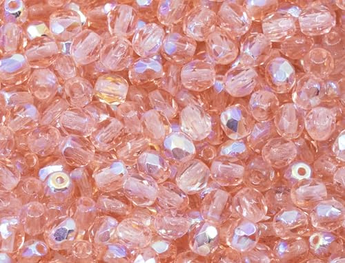 100 pcs of Faceted Fire Polished Pressed Czech Glass Beads 4mm (0.16in), 70120-28701 Pink Rosaline AB