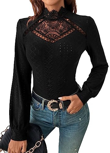 GORGLITTER Women's Eyelet Lace Long Lantern Sleeve Tops Mock Neck Skinny Cut Out Blouse T Shirt Black L