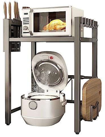 LNGFSH Expandable Microwave Oven Rack, 2 Tiers with 6 Hooks Height Adjustable Carbon Steel Microwave Shelf, Foldable Kitchen Counter Organizer for Kitchen Countertop, Grey