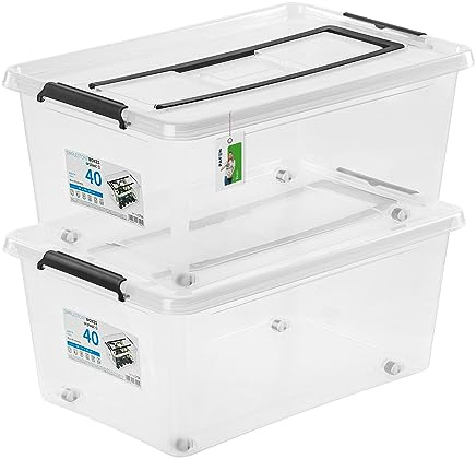 PAFEN 2x Unterbettkommode Aufbewahrungsbox 40L mit Rollen und Griff - 38,5 x 25 x 58 cm - Transparent Boxen Aufbewahrung Stapelboxen mit Verschlussclips Kunststoffbehälter