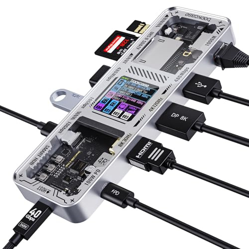 DOCKCASE Smart USB C Hub 10 en 1 Explorer Edition, pantalla dual 4K a 60Hz, PD 3.0 100w, RJ45 Ethernet, 2 USB 3.2, 2 USB 2.0, lector de tarjetas UHS-II SD/TF, base USB C para MacBook Pro/Air, Dell
