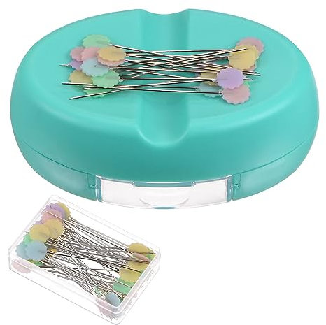 QUARKZMAN Magnetisches Nadelkissen mit 100Stk Blume Plastik Kopf Stifte Magnetstifte Halter mit Schublade für Nähen Quilten Nadeln Stifte Haar Bobbystifte Hell Blau